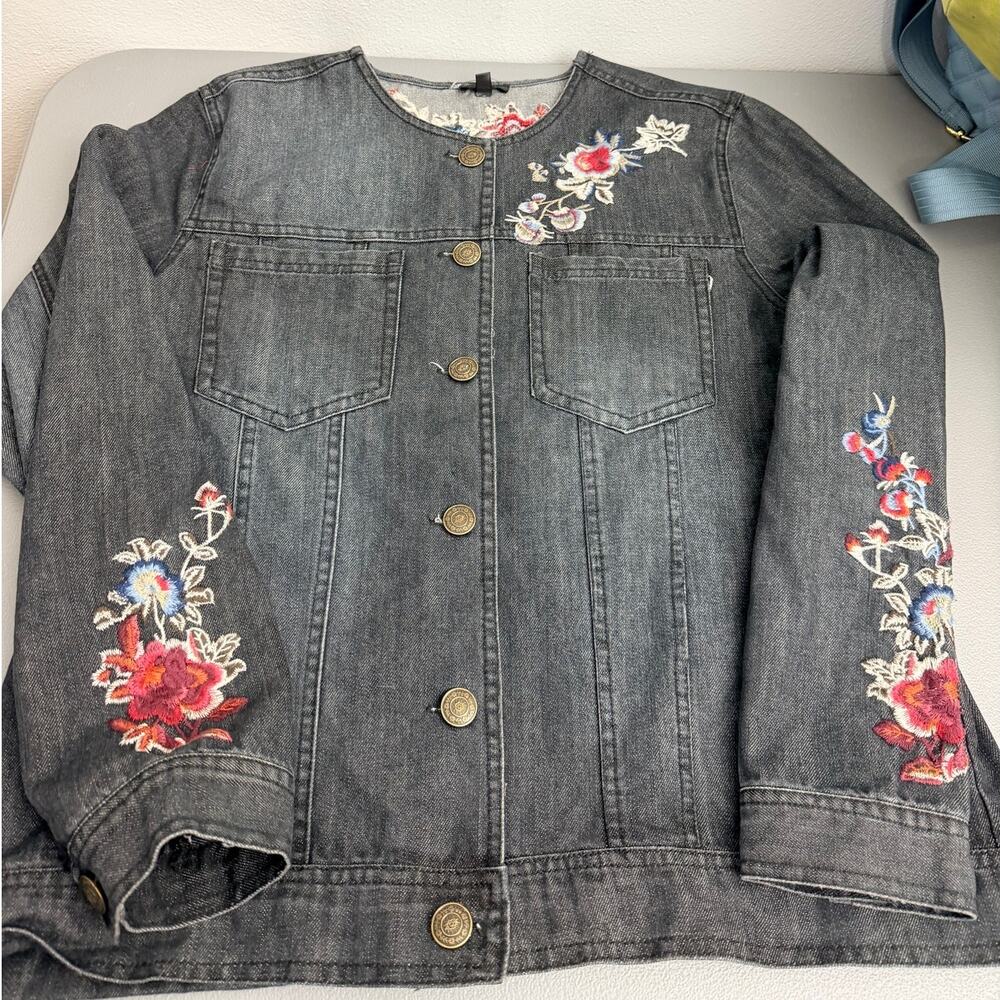 Floral Embroidered Hannah Denim Jacket Women Large Boho Vintage Style
